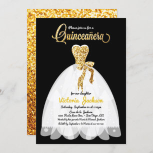 Gold Glitter black and whit Quinceañera Invitation