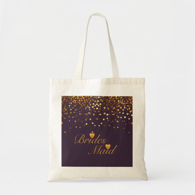 Gold Glitter Black Background Heart Bridesmaid Tote Bag (Front)