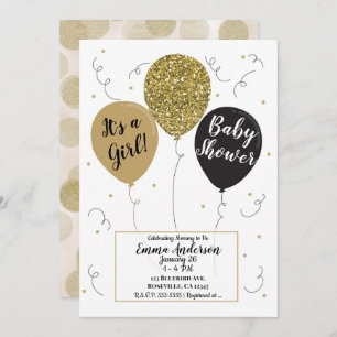 Gold Glitter Black Balloons Girl Baby Shower Invitation