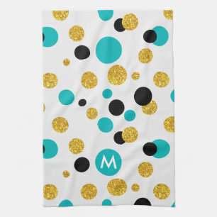 Gold Glitter, Black & Blue Circles Pattern Tea Towel