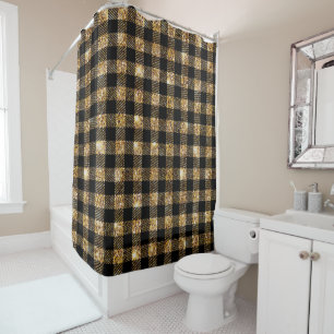 Gold Glitter Black Buffalo Plaid Pattern Shower Curtain