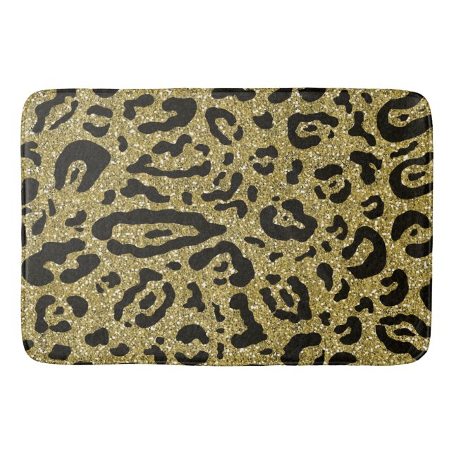Gold Glitter Black Cheetah Leopard Animal Print   Bath Mat (Front)