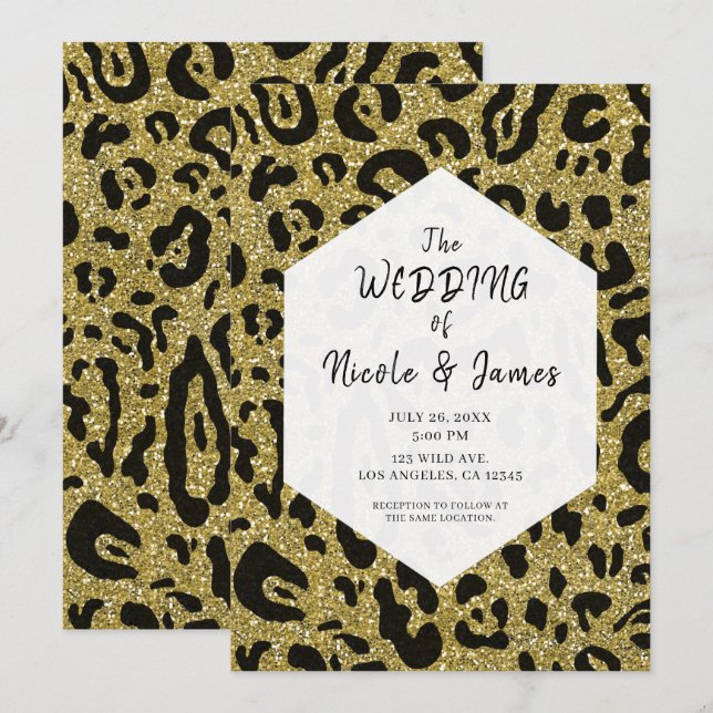 Gold Glitter Black Cheetah Leopard Chic Wedding   Invitation (Front/Back)