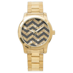 Gold Glitter & Black Chevron, Classic Look Design Watch