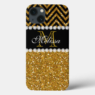 Gold Glitter Black Chevron Monogrammed iPhone 13 Case