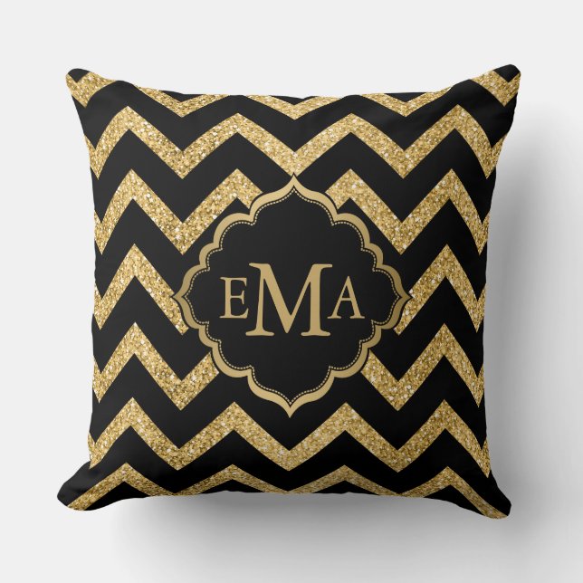 Gold Glitter Black Chevron Zigzag Pattern Monogram Cushion (Front)