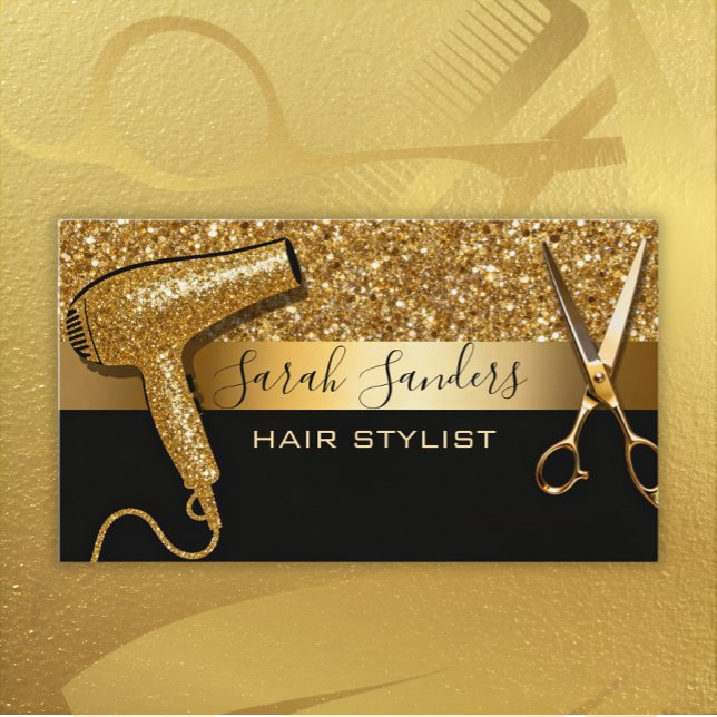 Gold Glitter & Black Glam Hair Stylist  Business Card (Creator Uploaded)