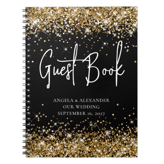 Gold Glitter Black Glam Wedding Guestbook Notebook (Front)