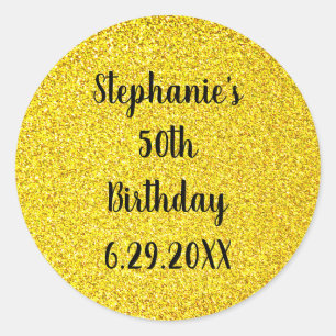Gold Glitter Black Happy Birthday Custom Name Age Classic Round Sticker