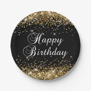 Gold Glitter Black Happy Birthday Paper Plate