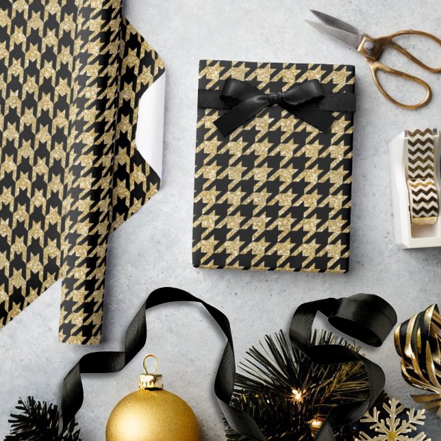 Gold Glitter & Black Houndstooth Glam Christmas Wrapping Paper (Creator Uploaded)