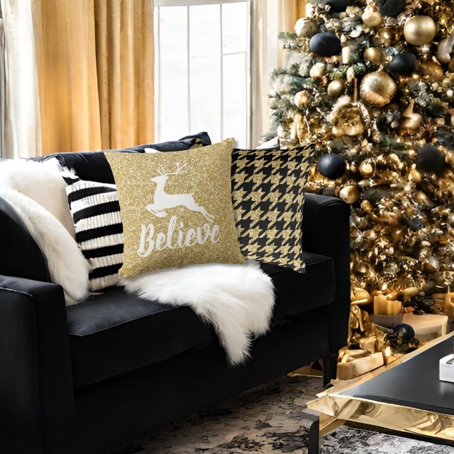 Gold Glitter & Black Houndstooth Reindeer Believe Cushion (Creator Uploaded)