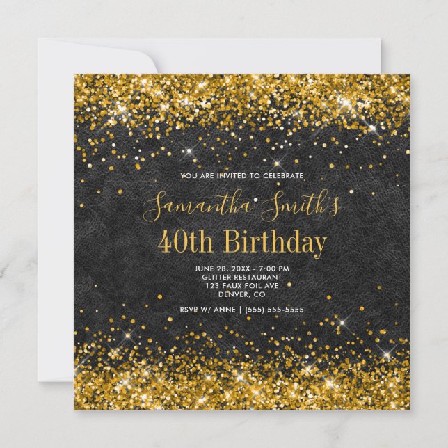 Gold Glitter Black Leather 40th Birthday Invitation (Front)