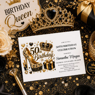 Gold Glitter Black Luxe Fifty And Fabulous Birthda Invitation