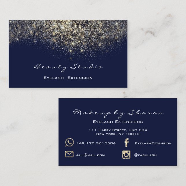 Gold Glitter Black Makeup Lash Blue Navy Spark Business Card (Front/Back)