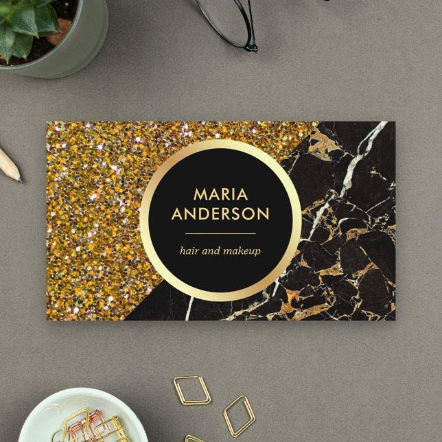 Gold Glitter Black Marble Hair Salon Makeup Artist Business Card (Creator Uploaded)