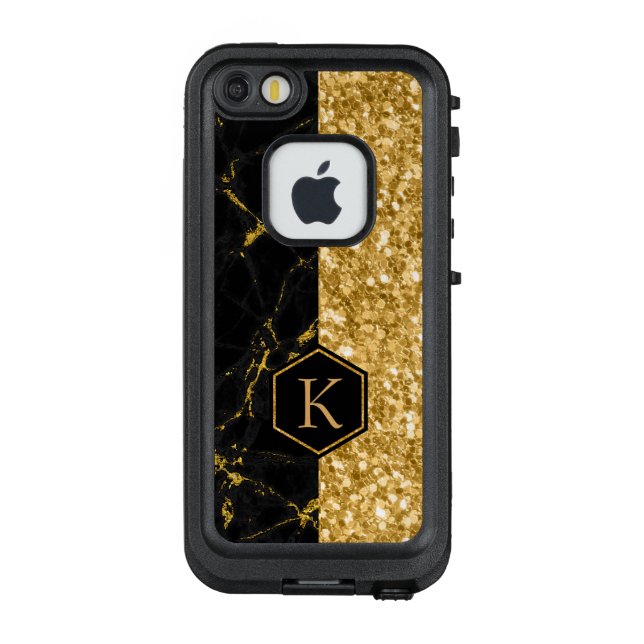 Gold Glitter & Black Marble Stone Texture Print LifeProof iPhone Case (Back)