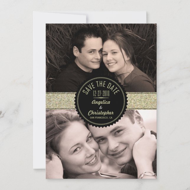 Gold Glitter & Black Modern Photo Save the Date (Front)