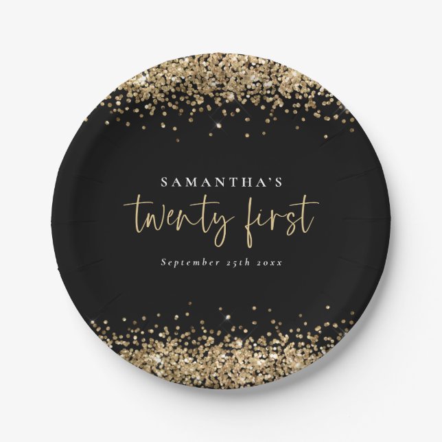 Gold Glitter Black Name Date Twenty First Party Paper Plate (Front)