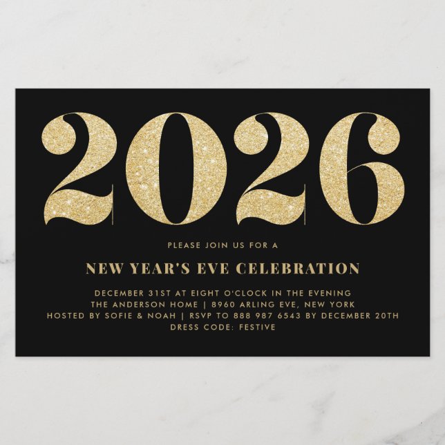 Gold Glitter Black New Year's Eve Party Invitation (Front)