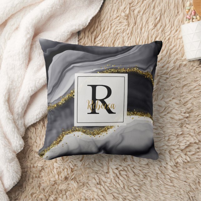 Gold Glitter Black Personalise Name Cushion (Blanket)