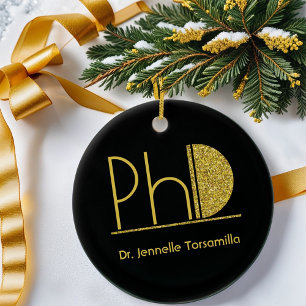 Gold Glitter Black PhD Graduation Ceramic Tree Decoration