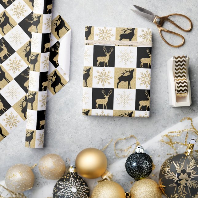 Gold Glitter Black Reindeer Snowflakes Chequered Wrapping Paper (Creator Uploaded)