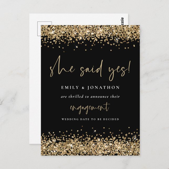Gold Glitter Black She Said Yes Engagement Postcard (Front/Back)