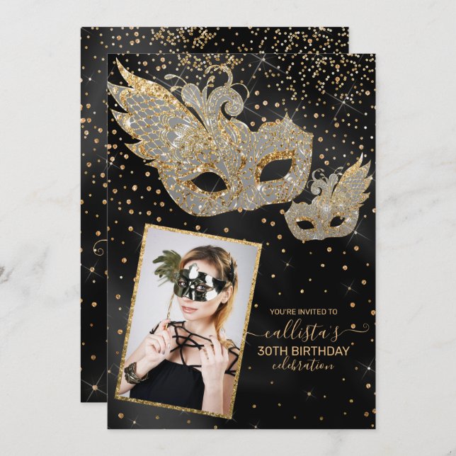 Gold Glitter Black Silk Masquerade Birthday Photo Invitation (Front/Back)