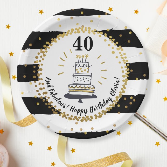 Gold Glitter Black Stripes Any Age Happy Birthday Paper Plate (Creator Uploaded)