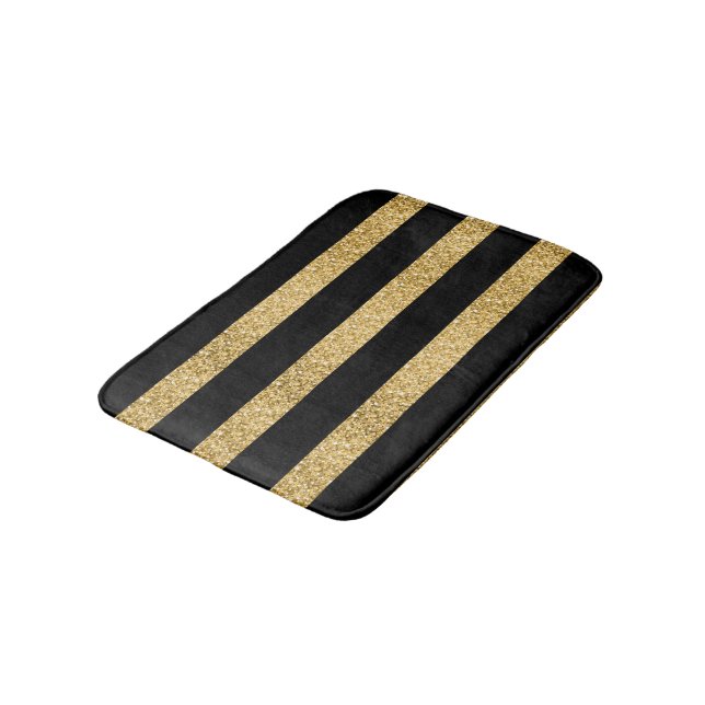 Gold Glitter Black Stripes Pattern Monogram Bath Mat (Angled)