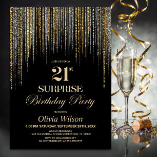 Gold Glitter Black Surprise 21st Birthday Party Invitation