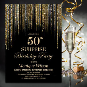 Gold Glitter Black Surprise 50th Birthday Party Invitation