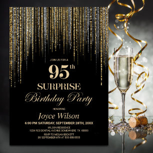 Gold Glitter Black Surprise 95th Birthday Party Invitation