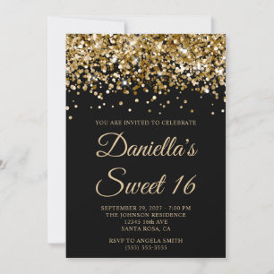 Gold Glitter Black Sweet 16 Invitation