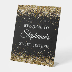 Gold Glitter Black Sweet Sixteen Welcome Pedestal Sign