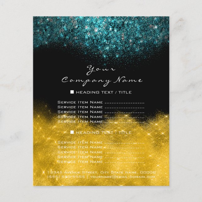 Gold Glitter Black Teal Blue Confetti Prices Flyer (Front)