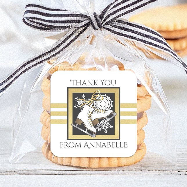 Gold Glitter Black White Ice Skating Party Favour Square Sticker (Creator Uploaded)