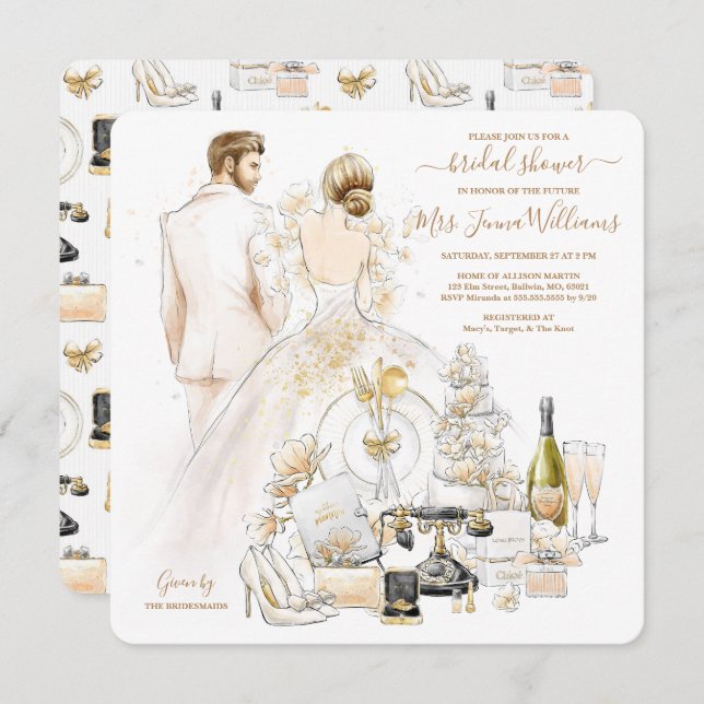 Gold Glitter Blonde Bride Bridal Shower Invitation (Front/Back)