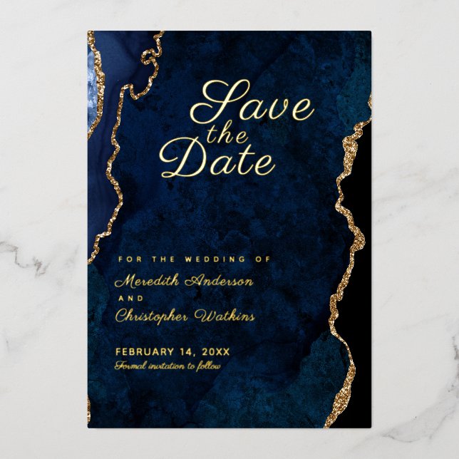 Gold Glitter Blue Agate Save the Date (Front)