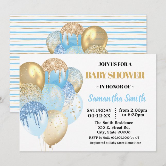 Gold glitter blue Balloons boy baby shower Invitation (Front/Back)