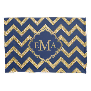 Gold Glitter Blue Chevron Zigzag Pattern Monogram Pillowcase