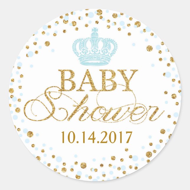 Gold Glitter Blue Crown Royal Prince Baby Shower Classic Round Sticker (Front)
