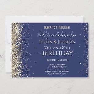 Gold Glitter Blue Double Birthday Party Invitatio Invitation