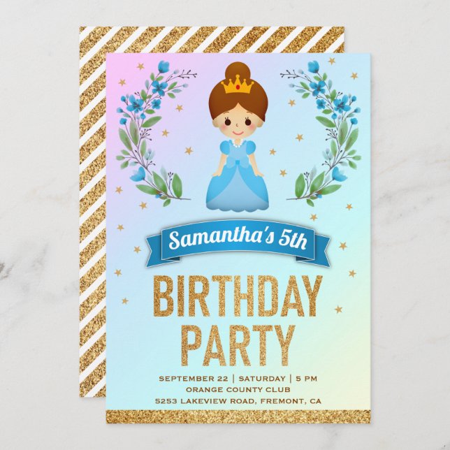 Gold Glitter Blue Floral Princess Birthday Party Invitation (Front/Back)