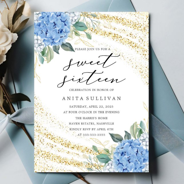 Gold Glitter Blue Floral Sweet Sixteen 16 Birthday Invitation (Creator Uploaded)