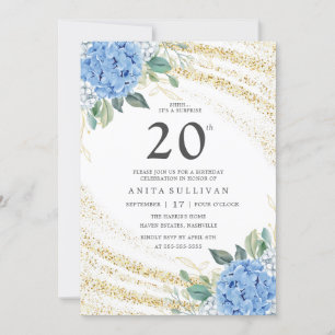 Gold Glitter Blue Floral Twenty 20th Birthday Invitation