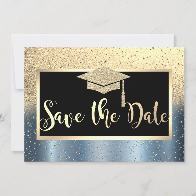 Gold Glitter Blue Graduation Save The Date (Front)