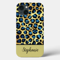 Gold Glitter Blue Leopard Print Name