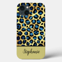 Gold Glitter Blue Leopard Print Name